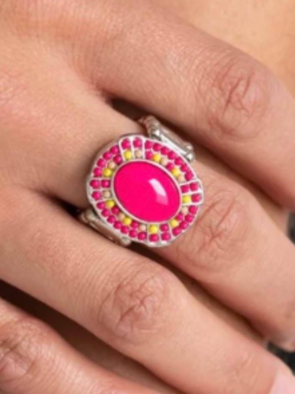Stretch Silver Tone Pink Oval Bezel Cocktail Statement Ring, One Size